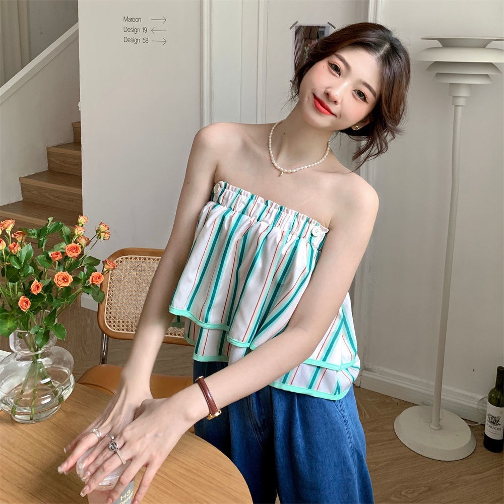 Jiashucheng Áo Sơ Mi Ngắn Tay Ống Bay Họa Tiết Kẻ Sọc Thời Trang Mùa Hè Kiểu Pháp Có Thể Tháo Rời Cho Nữ