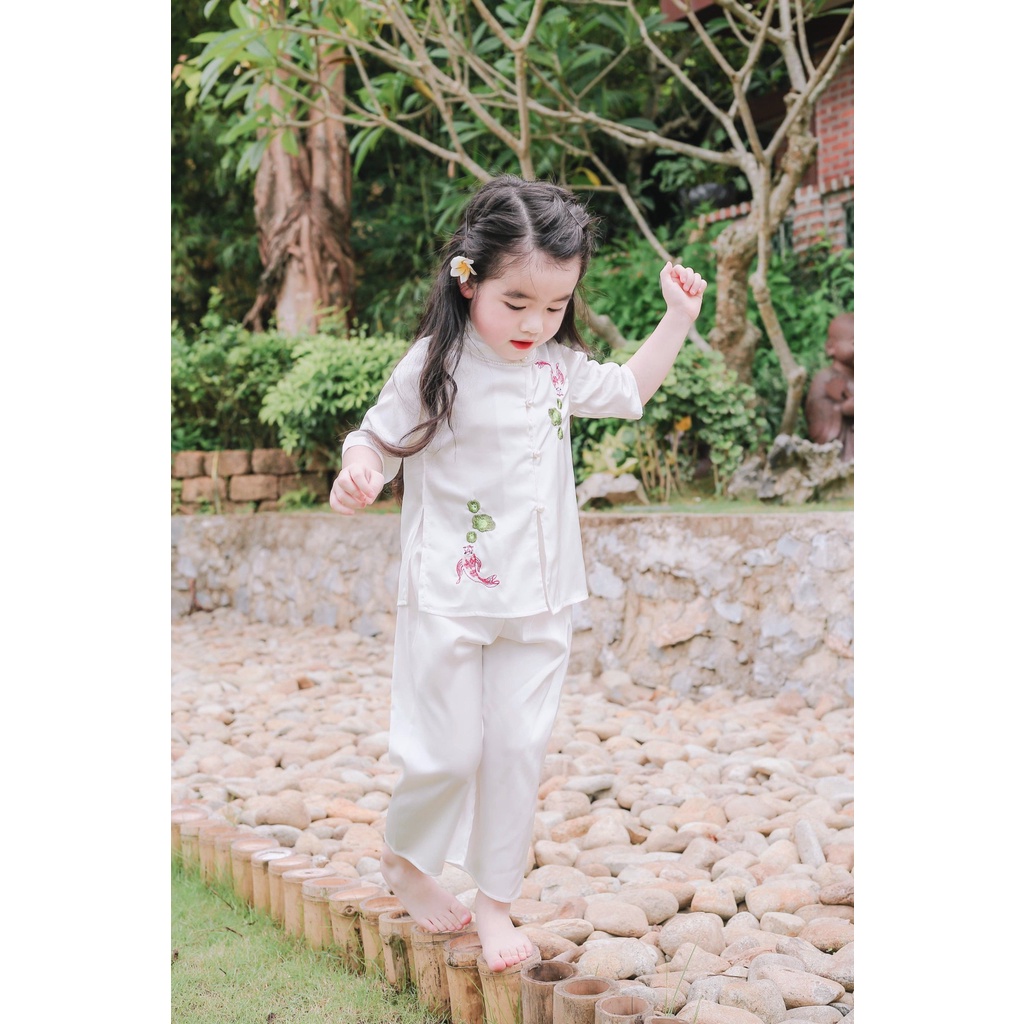 Đồ Lam Đi Chùa Bé Gái - Bộ Đi Lễ Chùa AL018 Trang Nhã Thêu Cá Ngọc Xinh Lung Linh Dành Cho Bé BÉ - AL018