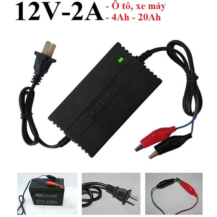 Sạc acc quy 12V 2A, sạc pin lithium có đèn báo đầy tự ngắt bảo vệ