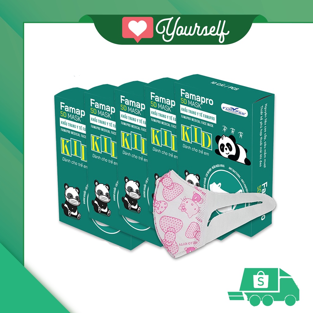 [5D KIDS QUAI VẢI] - COMBO 5 - Khẩu trang y tế trẻ em kháng khuẩn 3 lớp Famapro 5D Mask Kid (10 cái/hộp)
