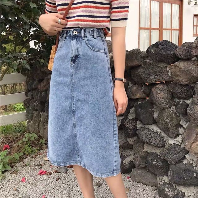 {order bigsize,S-5xl}Chân váy bò jean dài sẻ giữa - Có ảnh thật