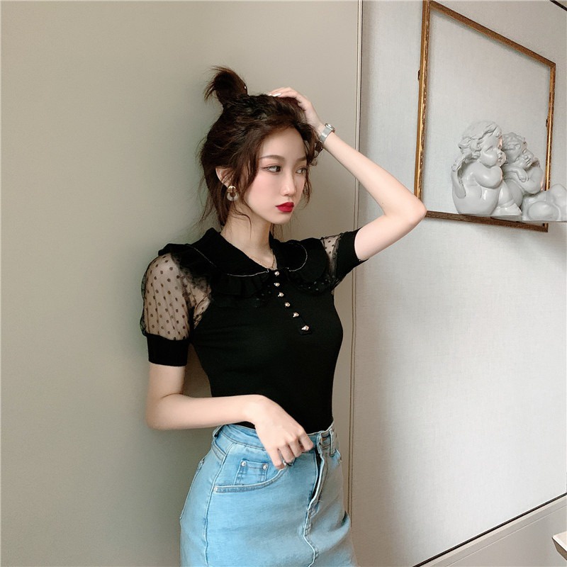 Áo thun ZHELIHANGFEI tay ngắn phồng cổ búp bê phối lưới thời trang mùa hè 2022 xinh xắn cho nữ