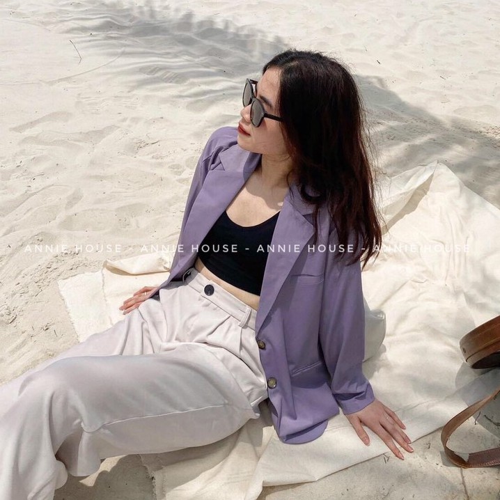 Áo blazer nữ phom suông (ảnh thật) 4 màu Đen Trắng Tím Be vải cao cấp xuất dư | BigBuy360 - bigbuy360.vn