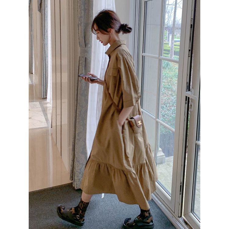 Đầm Sơ Mi Khaki Cao Cấp Phong Cách Retro Mùa Hè 300 Jin Fat Size Lớn Cho Nữ