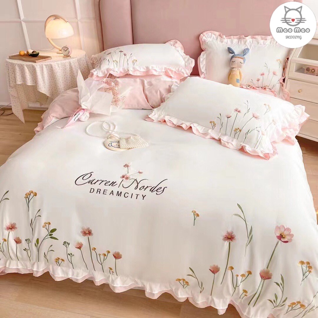 Bộ Chăn Ga Gối Cotton Đũi Viền Phối Bèo, Ren Họa Tiết Thêu Cao Cấp - Sét 4 Món