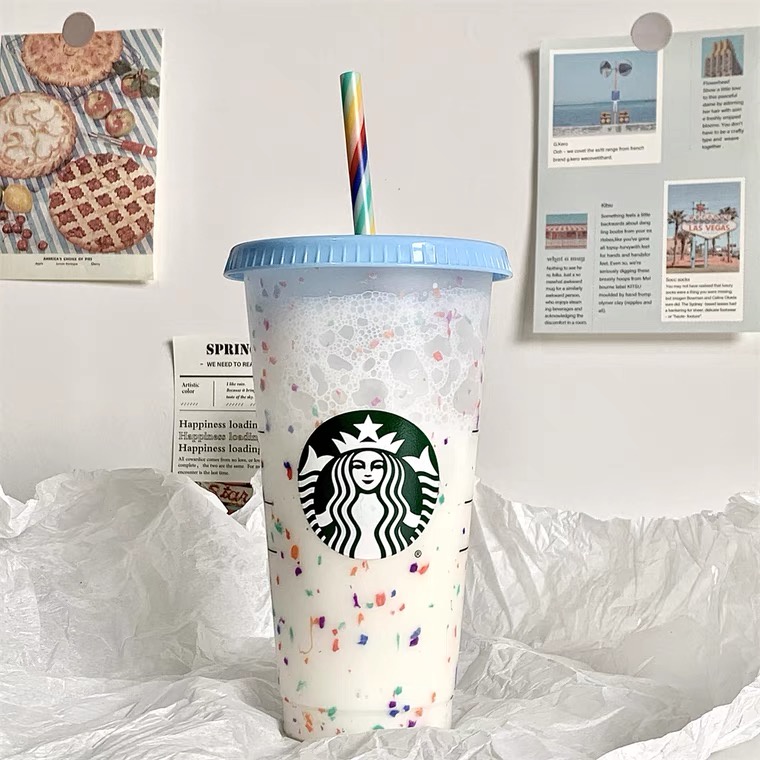 Cốc uống nước Starbucks đổi màu bằng nhựa độc đáo kèm nắp và ống hút 700ml 24OZ