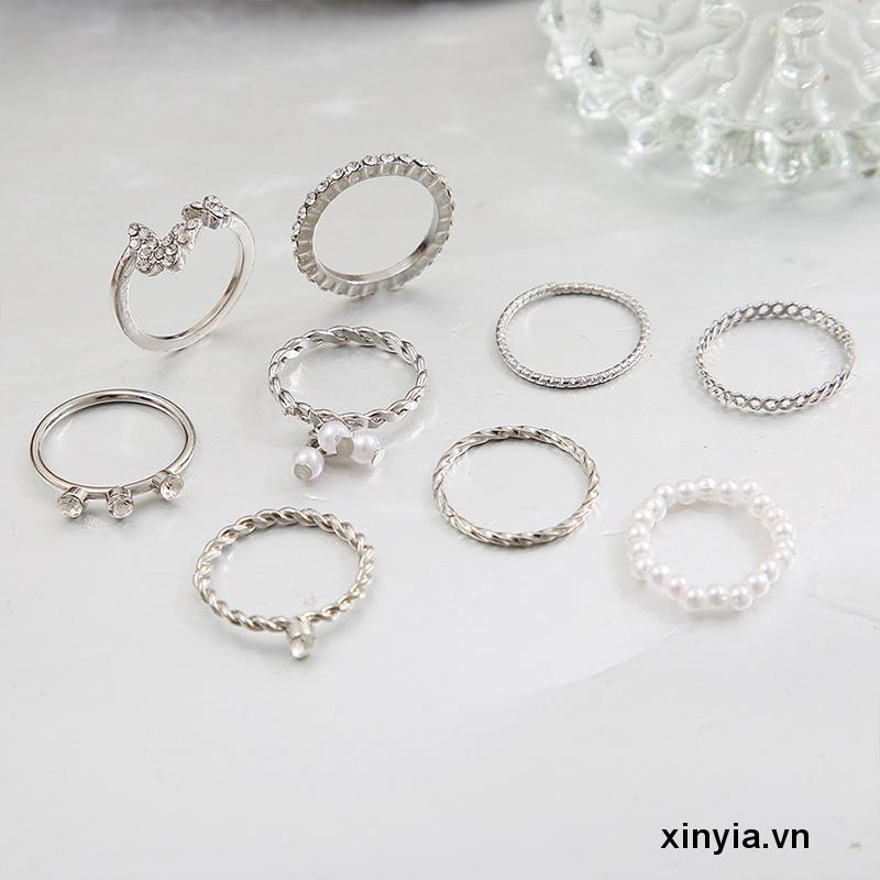 Set 9 Nhẫn Đeo Khớp Ngón Tay Đính Đá Pha Lê / Ngọc Trai / Kim Cương Hình Bướm Cho Nữ
