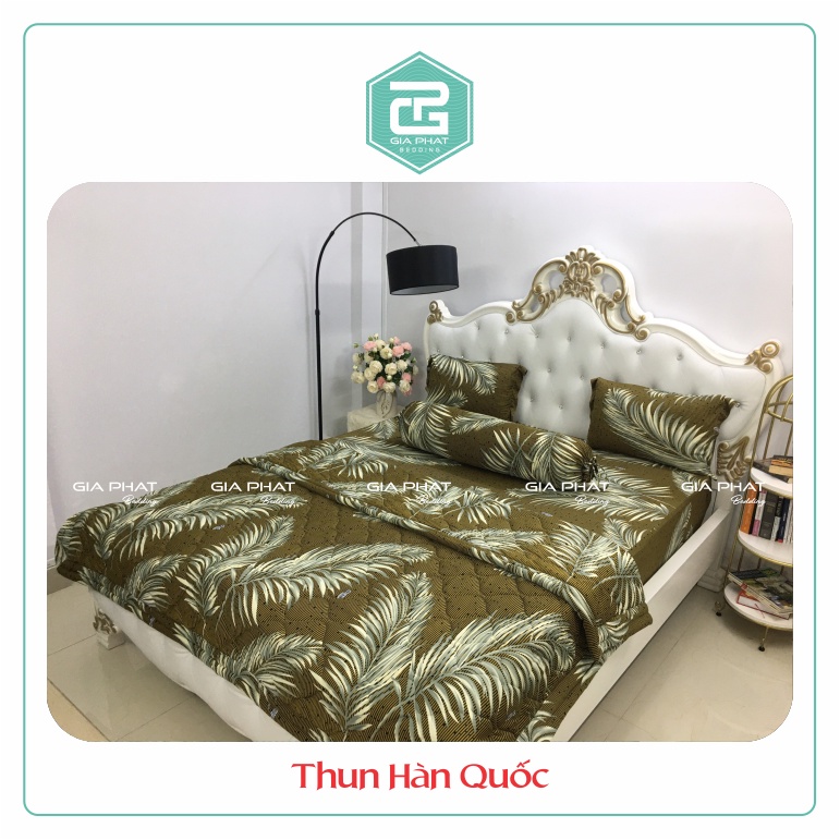 Bộ ga gối Thun Lạnh Hàn Quốc {4 Món } họa tiết Lá Dừa ( 1 ga bọc + 2 vỏ gối nằm + 1 vỏ gối ôm )