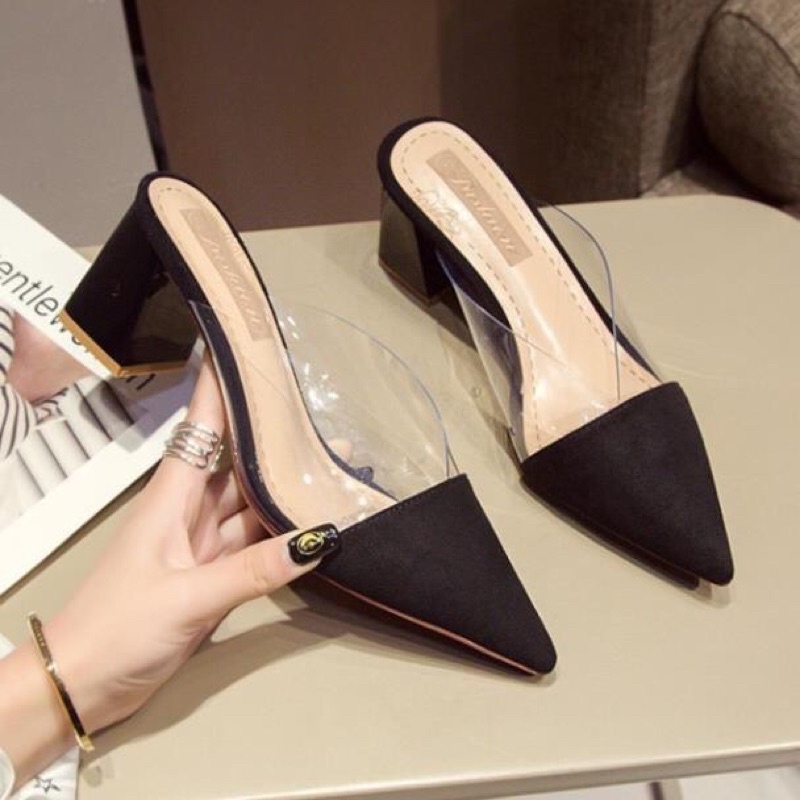 Sục giày cao gót vuông quai trong pha mũi nhọn 6 phân màu be đen y hìnhi