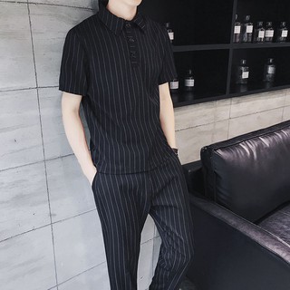 Set áo thun ngắn tay + quần dài kẻ sọc thời trang cho nam