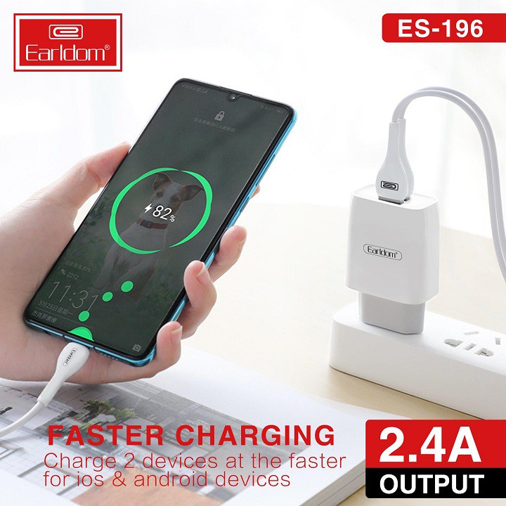 Bộ sạc cáp nhanh Earldom ES196 Chính Hãng 2 ổ cắm USB dành cho Iphone Samsung Ipad - BH 1 Năm