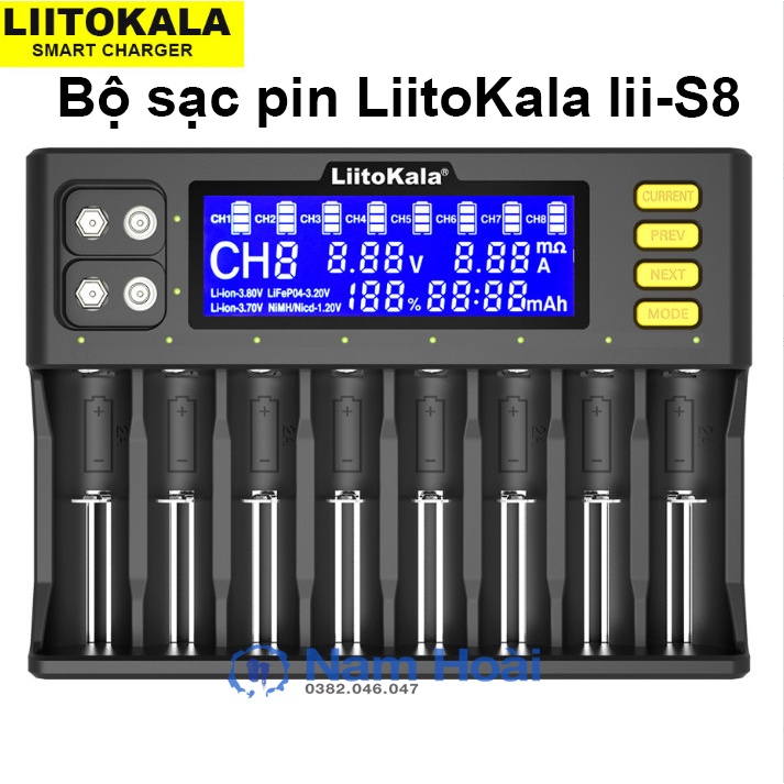 Bộ sạc pin Liitokala Lii-S8 Li-Ion 3.7v Nimh 1.2v Li-Fepo4 3.2v dành cho pin 9V 18650 26650 21700 26700 AA AAA...