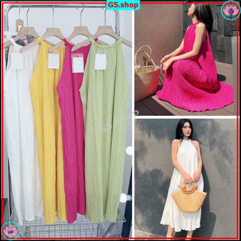 Đầm Nữ Cổ yếm cài cúc ngọc giọt lệ , Váy đũi thái xốp ngắn mặc dự tiệt tiểu thư xinh maxi