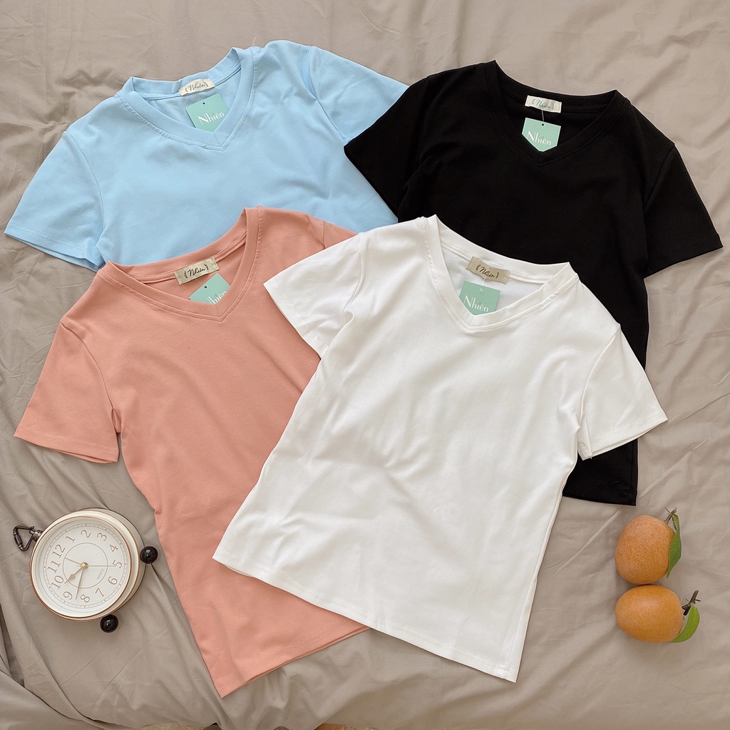 Áo thun nữ cổ tim Nhiên vintage phông trơn cộc tay kiểu basic AT12