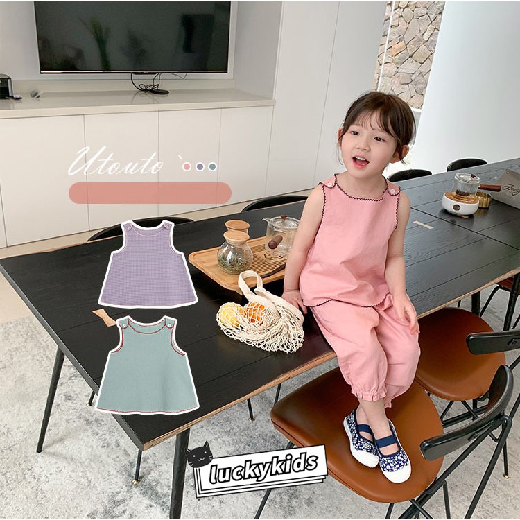 Mới Set Áo Không Tay Màu Trơn + Quần Dài Cho Bé Gái