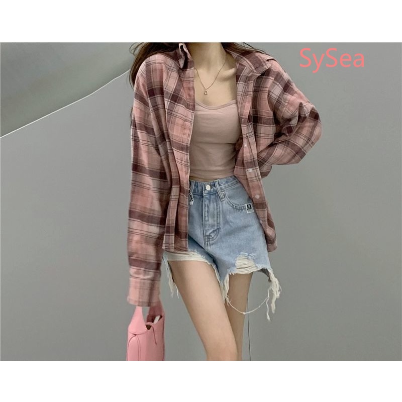 Áo Sơ Mi Kẻ Caro Hồng Phong Cách Vintage Cho Nữ