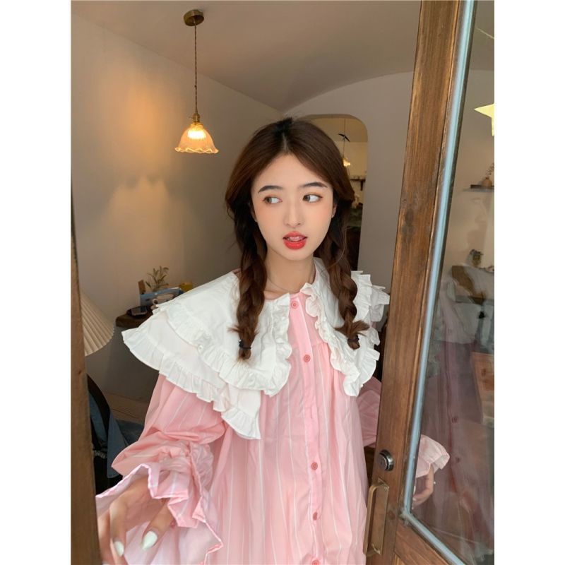 Áo Sơ Mi Cổ Búp Bê Phối Ren Cài Nút Phong Cách Mùa Thu Mới Dễ Phối Đồ Cho Nữ