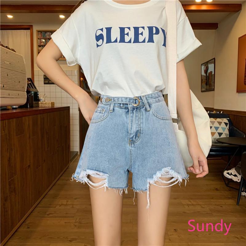Quần short jean lưng cao dáng chữ A phối rách phong cách mùa hè thời trang cá tính cho nữ