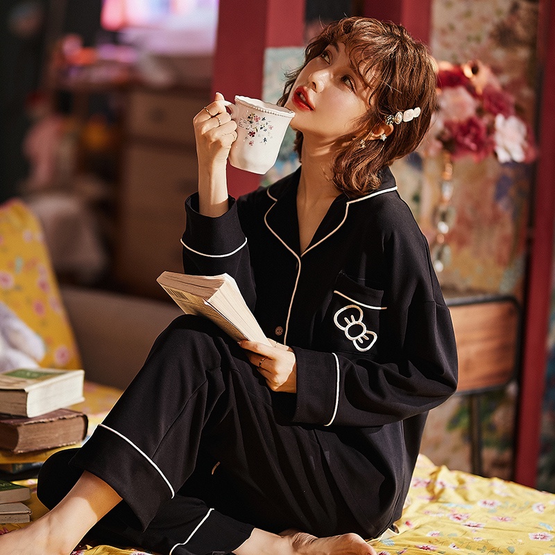 Bộ đồ ngủ Cotton tay dài kiểu dáng đơn giản xinh xắn