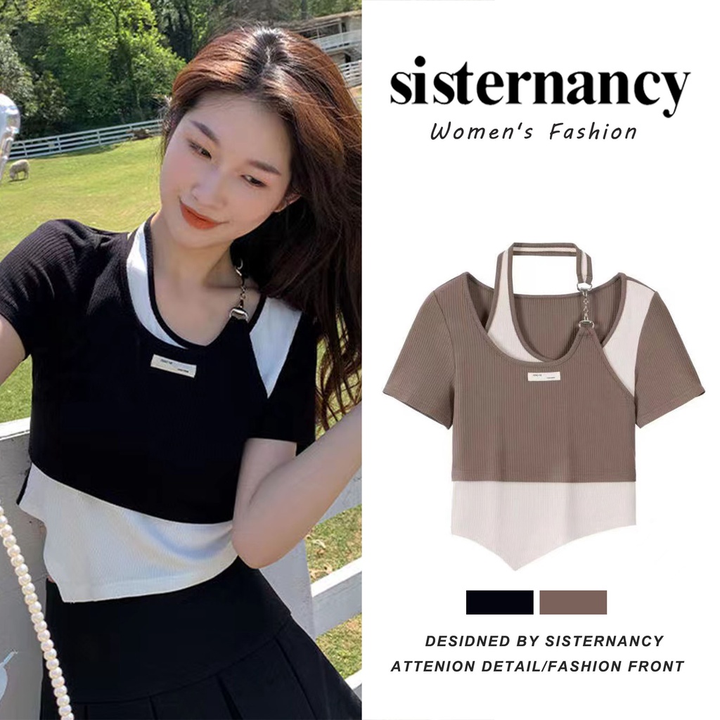 Áo kiểu COZOK tay ngắn cổ tròn dáng ôm thời trang dễ phối đồ