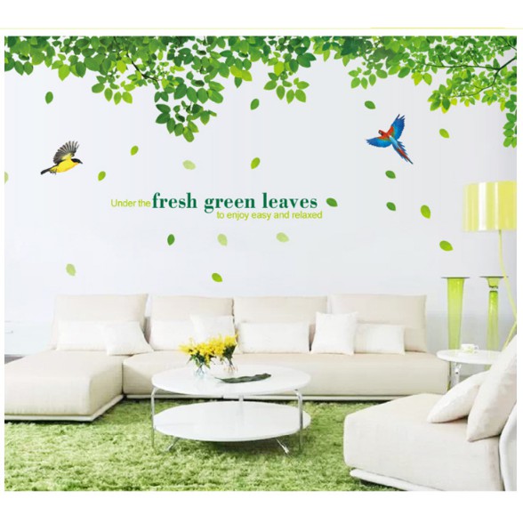Decal trang trí Lá Cây Chim sắc màu kèm chữ size lớn