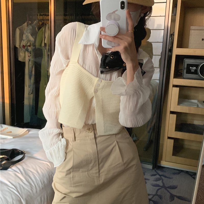 SUXI Set Áo Sơ Mi Dài Tay Trong Suốt + Áo Len Không Tay Phong Cách Hàn Quốc Dành Cho Nữ