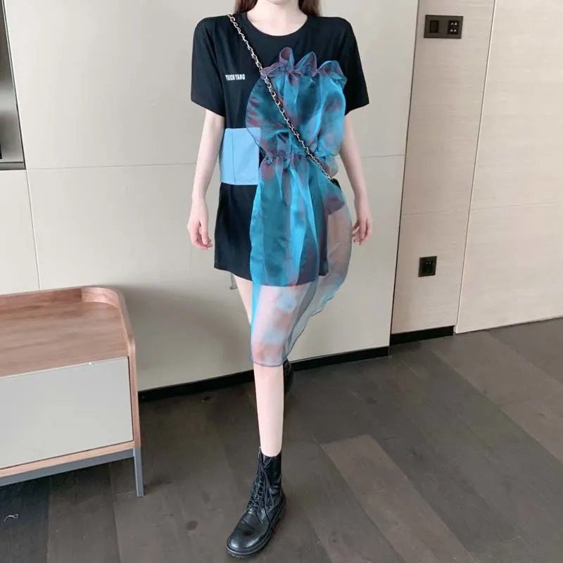 2021 design new summer organza pleated irregular denim mesh stitching cotton short sleeve T-shirt female ins trendy styl