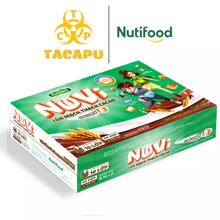 Thùng 48 hộp NuVi Thức uống Sữa Lúa Mạch Cacao/ Dâu/ Cam có Thạch hộp 170ml - Thương Hiệu NUTIFOOD - TACAPU