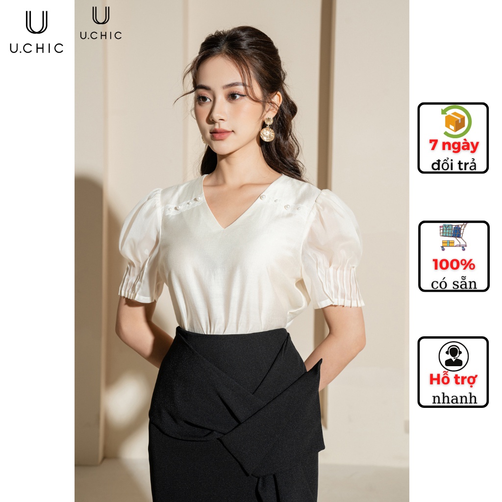 Áo cổ V gắn ngọc, sơ mi công sở | U.CHIC | B01.22.A008 | màu trắng kem | phối ren tơ siêu mát, nhã nhặn, thanh lịch.