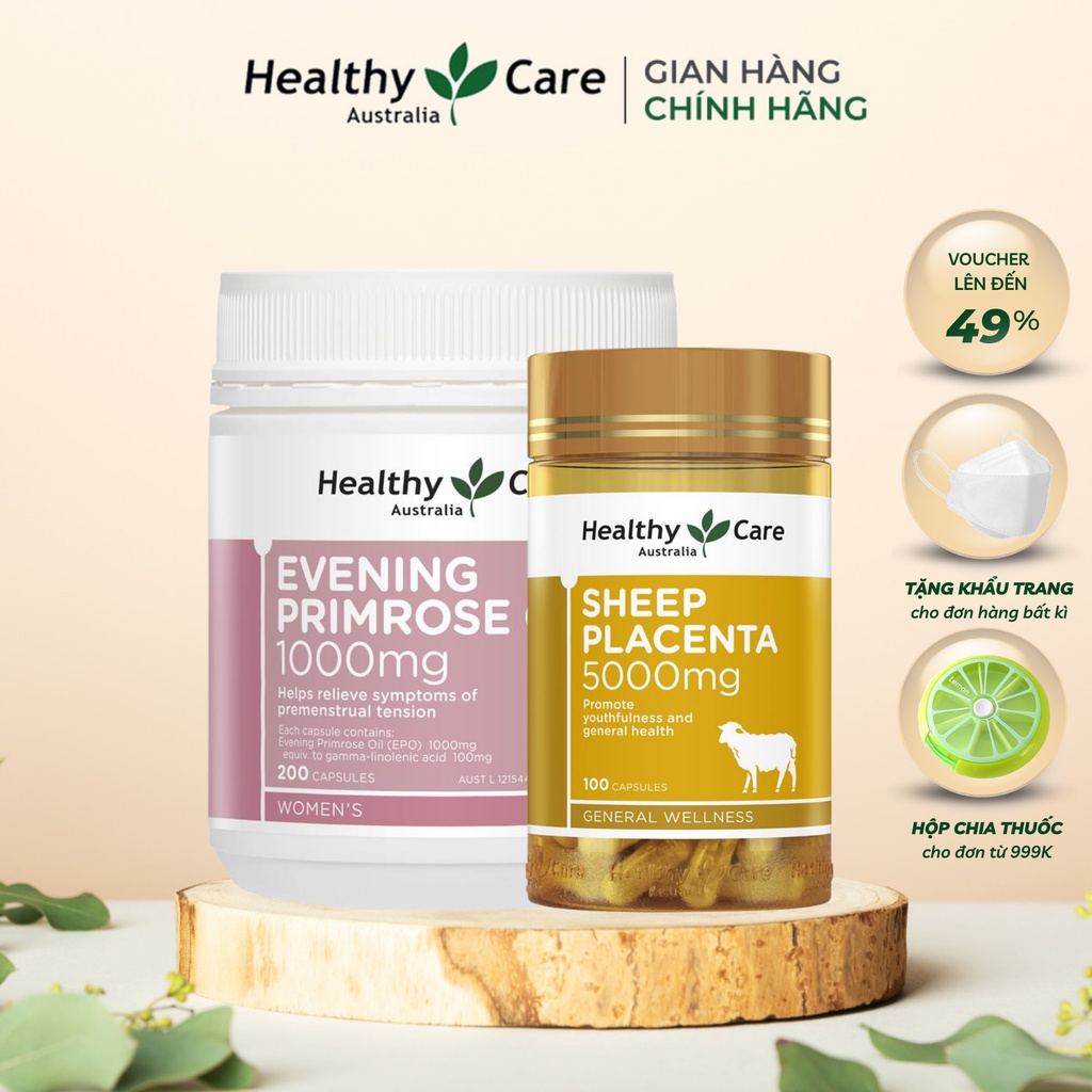 Combo chống lão hóa, điều hòa nội tiết - Viên Nhau thai cừu Sheep Placenta và Viên tinh dầu hoa anh thảo Healthy Care