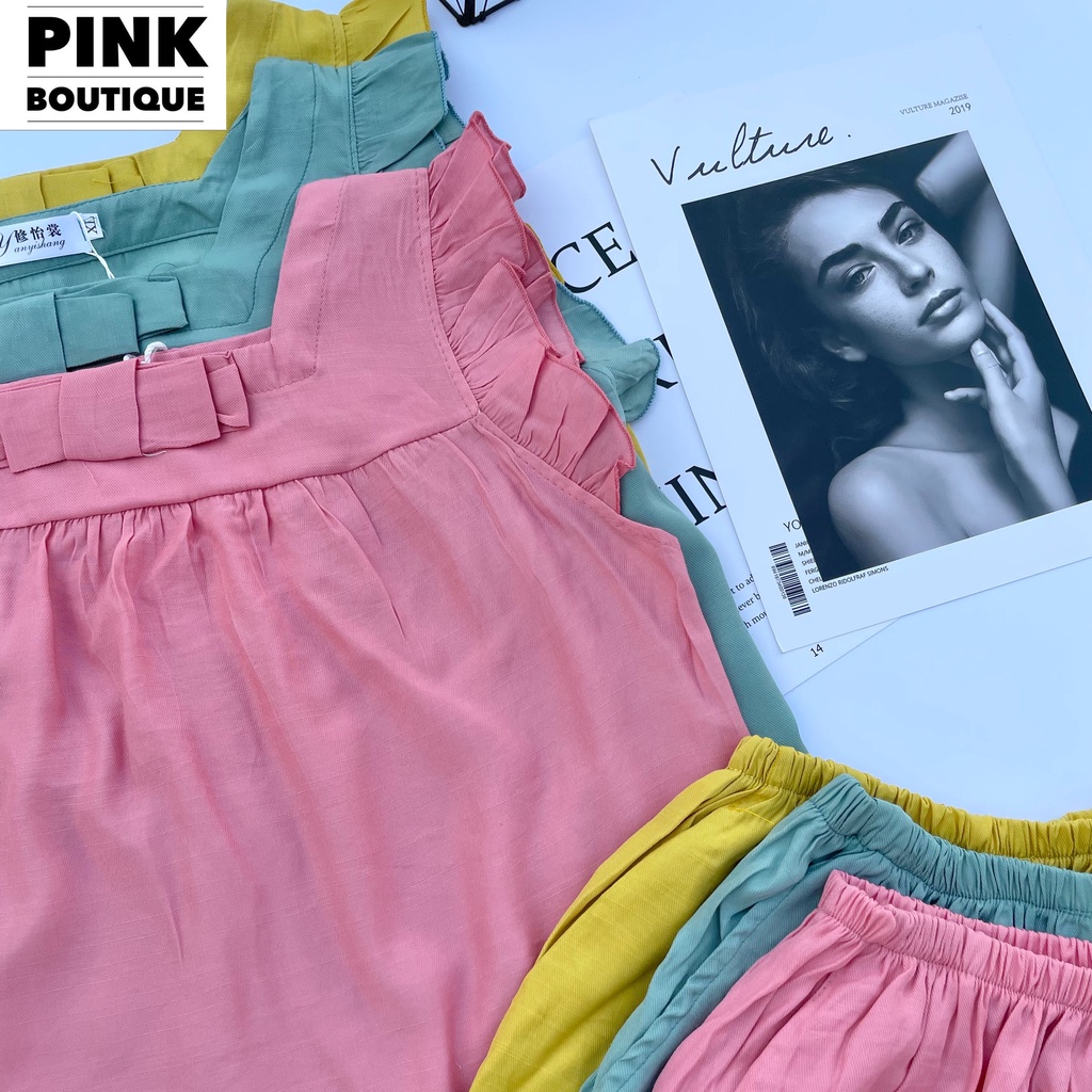 Đồ Bộ Đũi Nữ Mặc Nhà Ngủ Mùa Hè Áo Tay Cánh Tiên Quần Short Hàng Thiết Kế PINK BOUTIQUE