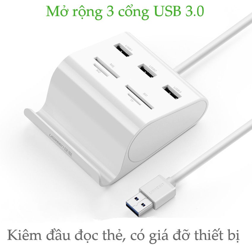 Bộ chia 3 cổng USB 3.0 kèm đầu đọc thẻ TF/SD/MS/CF dài 0.5m UGREEN US156 30343 có chức năng OTG