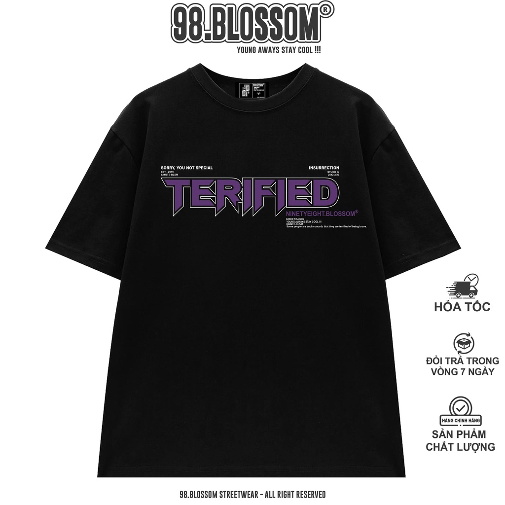 Áo Thun Tay Lỡ Form Rộng Unisex  "Terified" Black,100% Cotton - Chính Hãng Local Brand 98.BLOSSOM