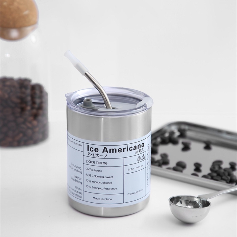 (Tặng 1) Ly Giữ Nhiệt Iced Americano Thép Không Gỉ. Cốc Giữ Nhiệt Cafe Inox 304 Có Ống Hút 300ML