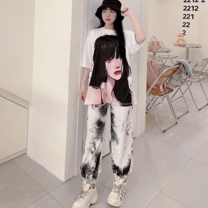 Set Bộ Áo Thun Tay Lở 3D Cô Gái Quần Jogger Loang 3D Ảnh Thật 100%
