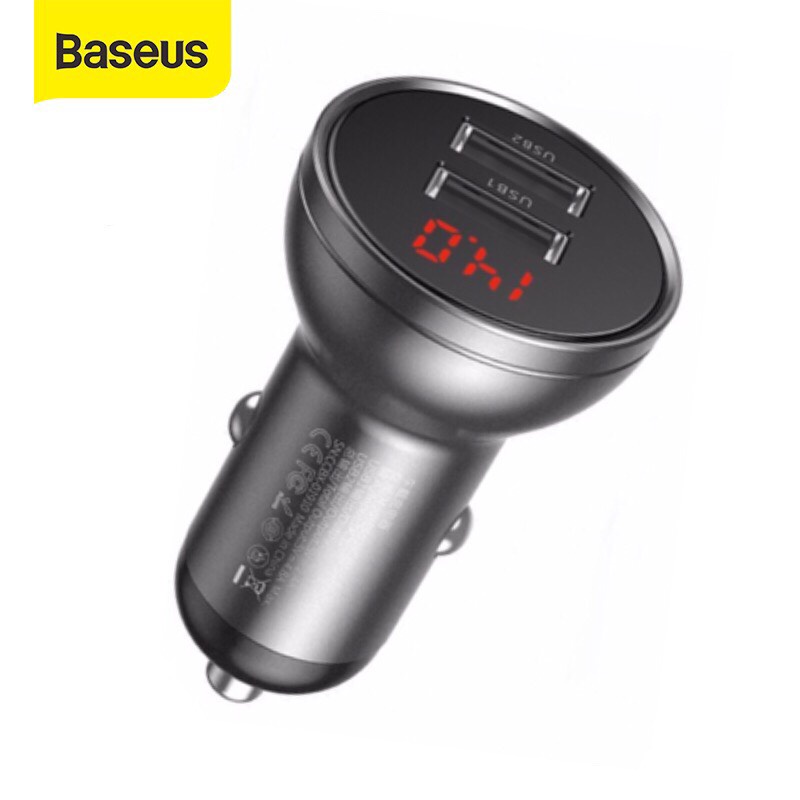Tẩu sạc ô tô Baseus 24w 2 cổng trên xe hơi có đèn led hiển thị