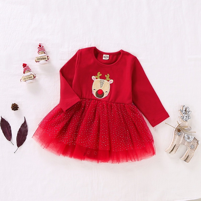 Váy Noel Công Chúa Cho Bé gái Chất Cotton phối bèo Thấm hút mồ hôi Cực Tốt