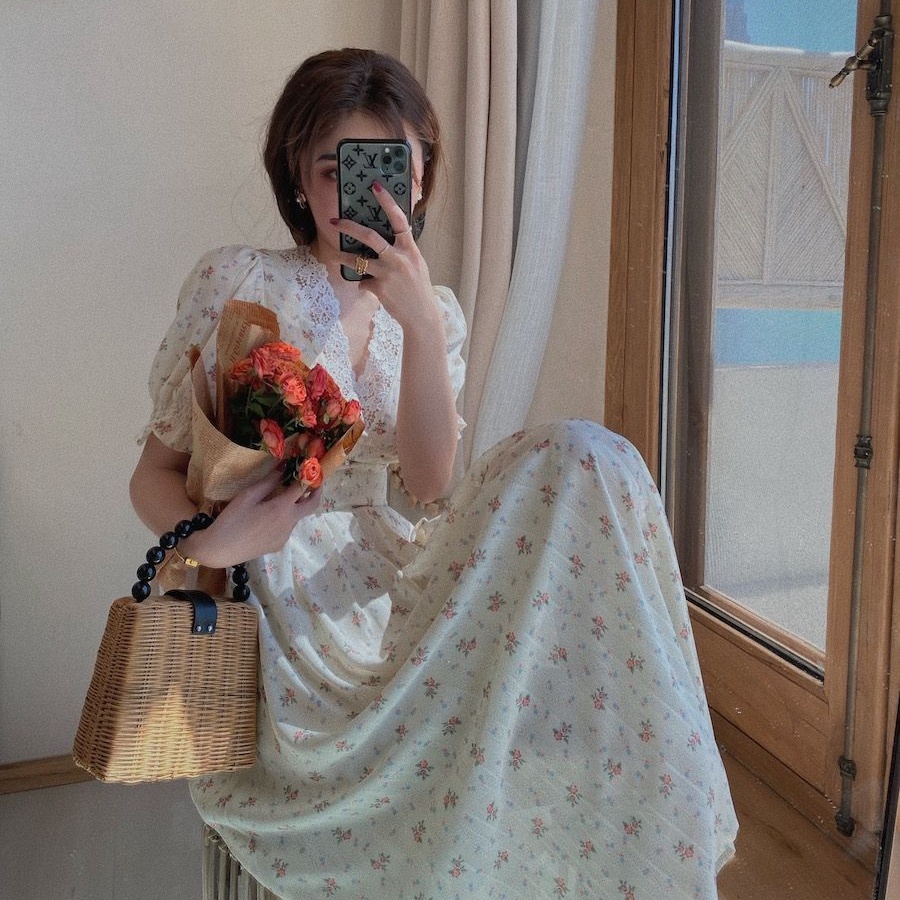 Đầm hoa Perty cổ chữ V phối ren phong cách retro Hàn Quốc cho nữ