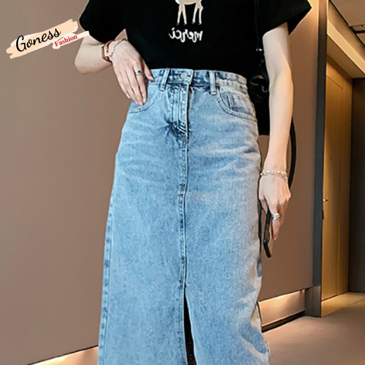Chân váy Jean denim Goness thiết kế midi dài xẻ tà lưng cao dáng chữ A cạp cao thời trang | BigBuy360 - bigbuy360.vn