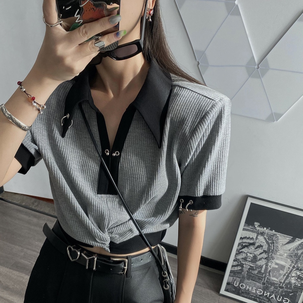 Áo Thun Tay Ngắn Cổ Polo Phong Cách Hàn Quốc Cổ Điển Thời Trang Mùa Hè Cho Nữ