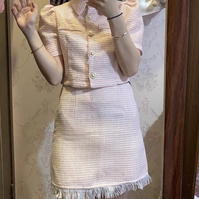 Set váy Pinky Dress vải tweed kèm ảnh thật