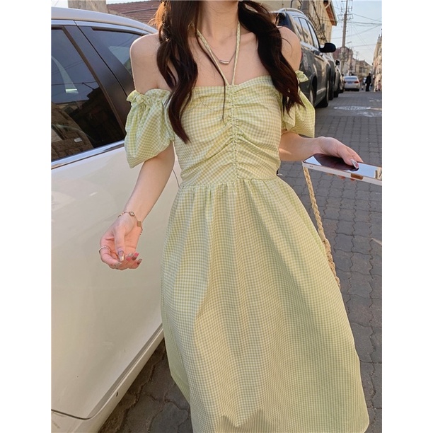 Urihouse - Đầm tay phồng dáng dài maxi kẻ ô caro màu xanh cốm, xanh lá MẶC ĐƯỢC 4 KIỂU | Đầm bẹt vai dáng dài