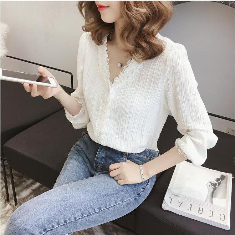 Áo Sơ Mi Chiffon Tay Dài Cổ Chữ V Phong Cách Hàn Quốc Thời Trang Xuân Hè Hàng Mới 2021 Dành Cho Bạn Nữ