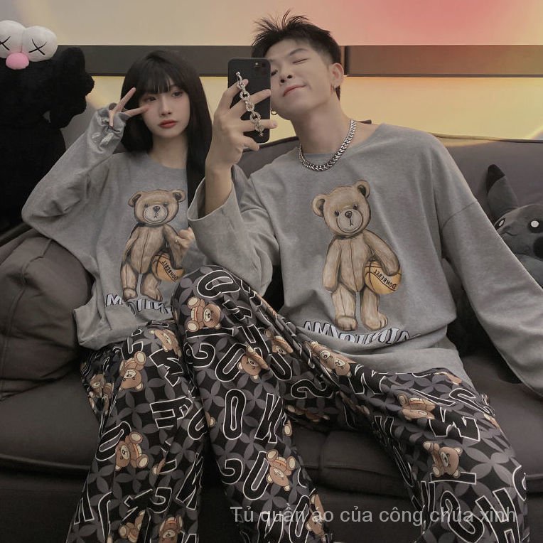 Bộ đồ ngủ tay dài in hình gấu Teddy hoạt hình thời trang xuân thu h5bb