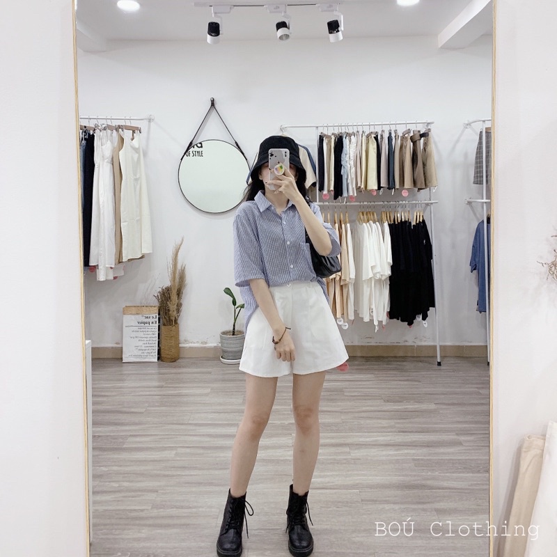 Set sơmi sọc short trắng nữ
