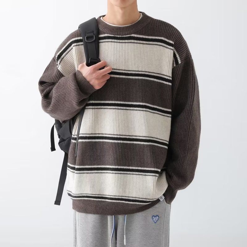 Áo Sweater Dệt Kim Dáng Rộng Kẻ Sọc Màu Phong Cách Nhật Bản Thời Trang Thu Đông Cho Nam Và Nữ