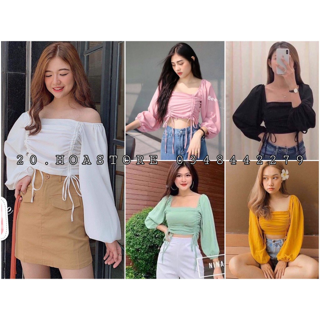 ÁO CROPTOP CỔ VUÔNG TAY DÀI BỒNG PHỐI DÂY RÚT - ÁO TRỄ VAI CROPTOP RÚT DÂY XANH VÀNG HỒNG ĐEN TRẮNG