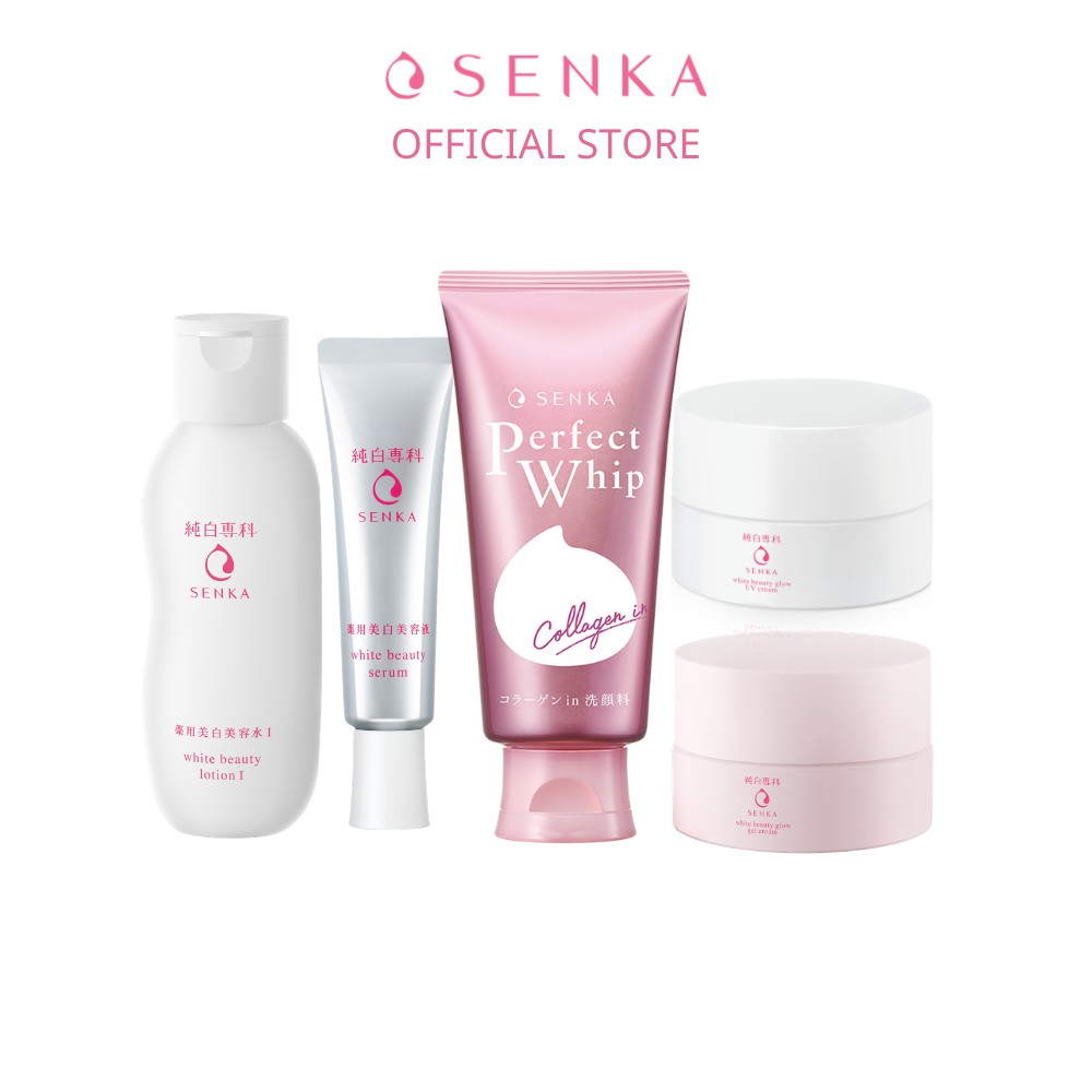 Bộ Dưỡng da trắng hồng-Ngăn lão hóa SENKA(PW Collagen+Lotion+ White Serum+Day Cream+Night Cream)