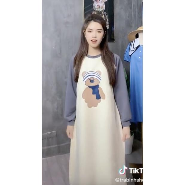 Đầm bầu suông thu đông dáng dài chất liệu cotton váy bầu in họa tiết hình gấu, Váy gấu dài tay cực xinh