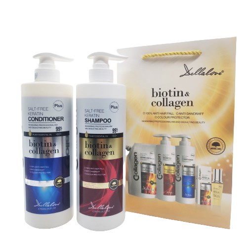 Cặp Dầu Gôi Biotin Collagen Dellalove 850Ml Cao Cấp Siêu Phục Hồi Tóc, Kích Thích Mọc Tóc Hàng Chính Hãng